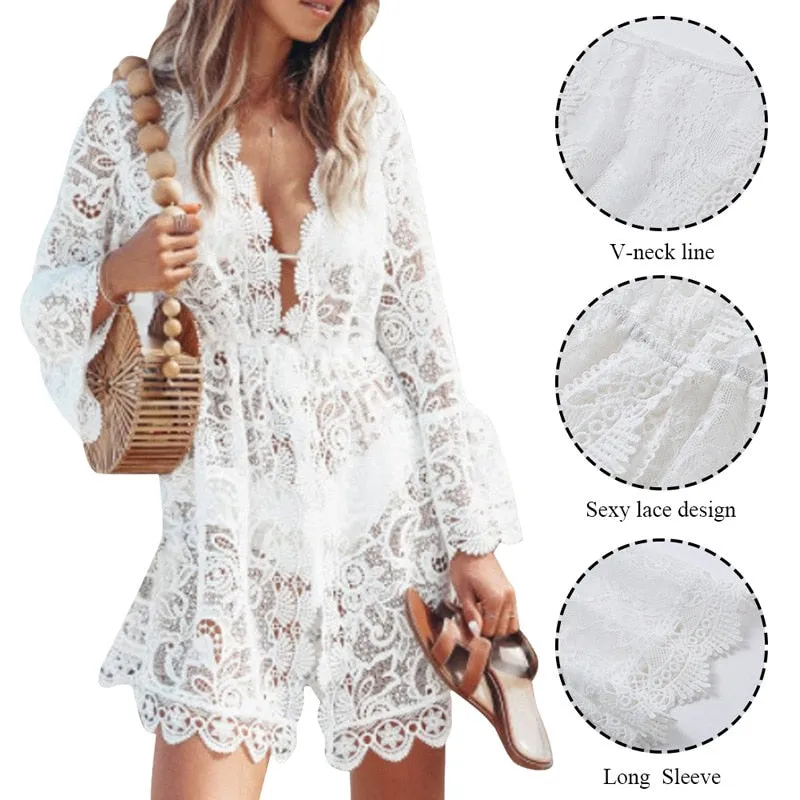White Floral Lace Tunic / Dress / Beach Cover Up in Size S, M, L, or XL