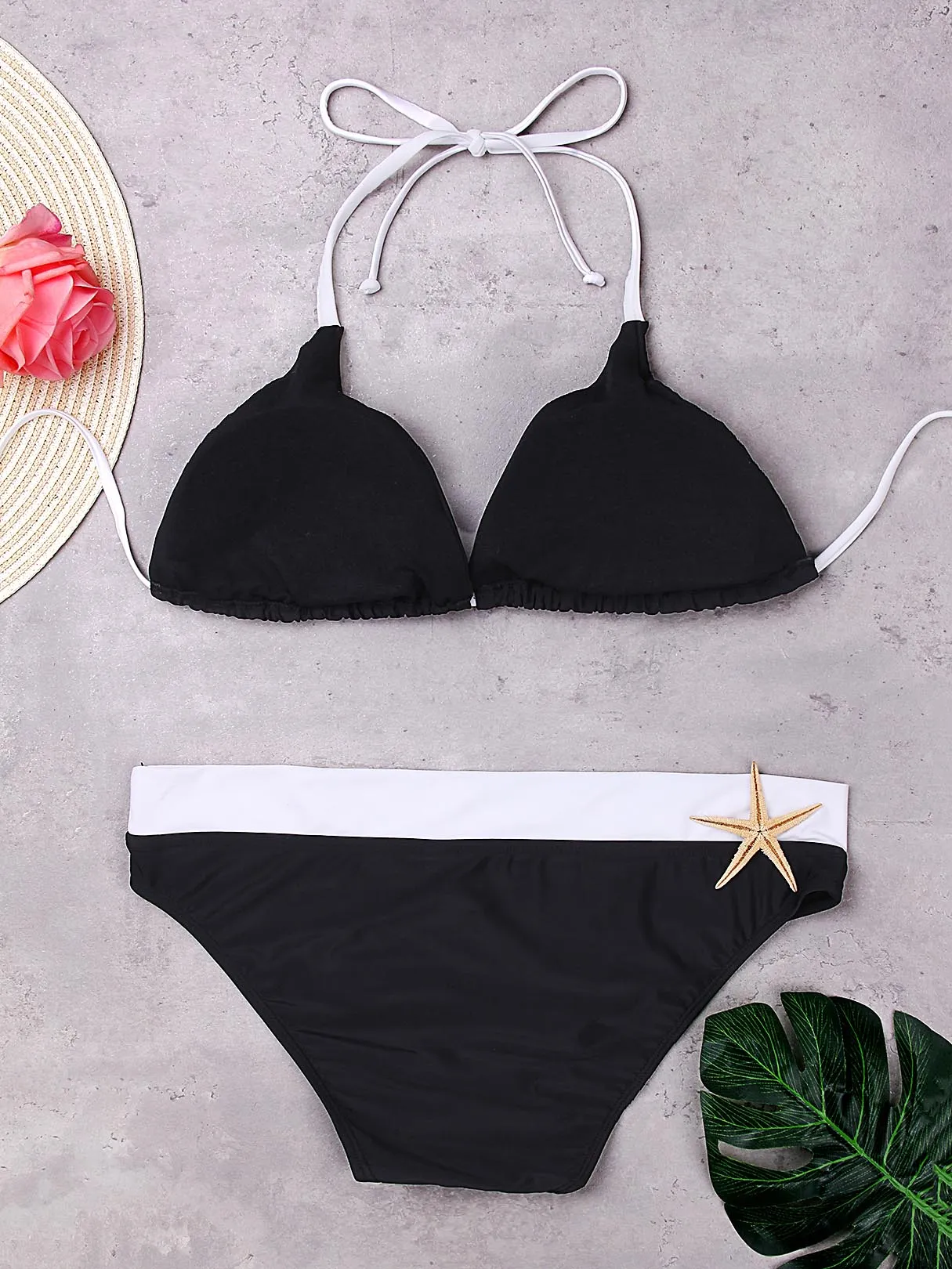 Wholesale Black Halter Sleeveless Stripe Two Piece Bikinis