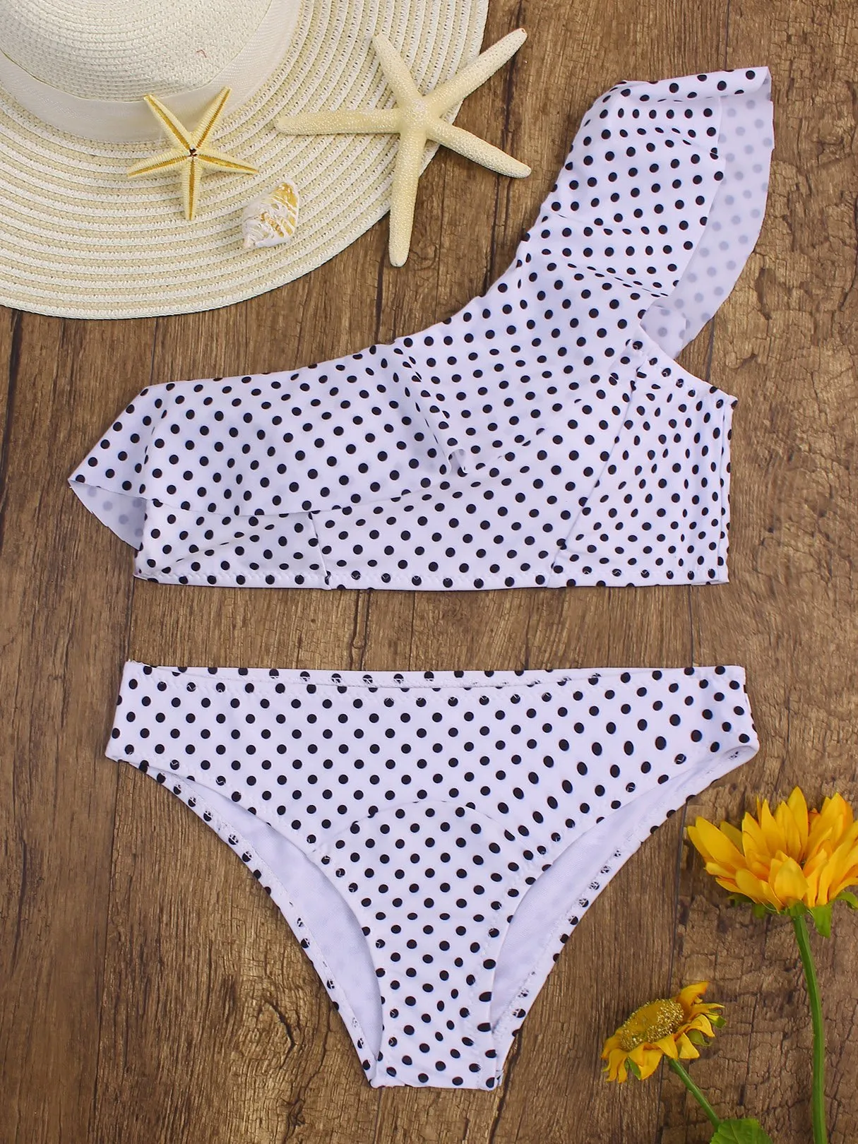 Wholesale One Shoulder Wave Polka Dot Sleeveless Flounced Hem 2 Piece Bikinis