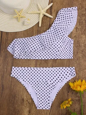 Wholesale One Shoulder Wave Polka Dot Sleeveless Flounced Hem 2 Piece Bikinis
