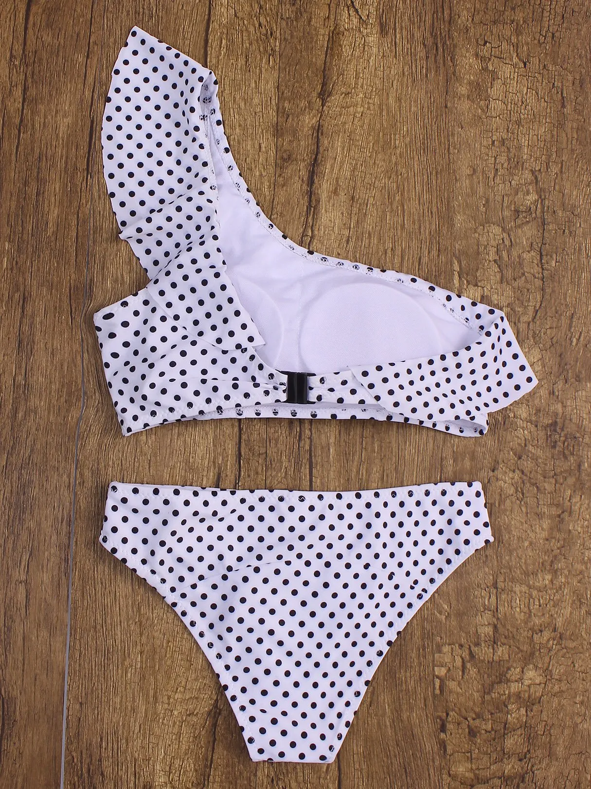 Wholesale One Shoulder Wave Polka Dot Sleeveless Flounced Hem 2 Piece Bikinis