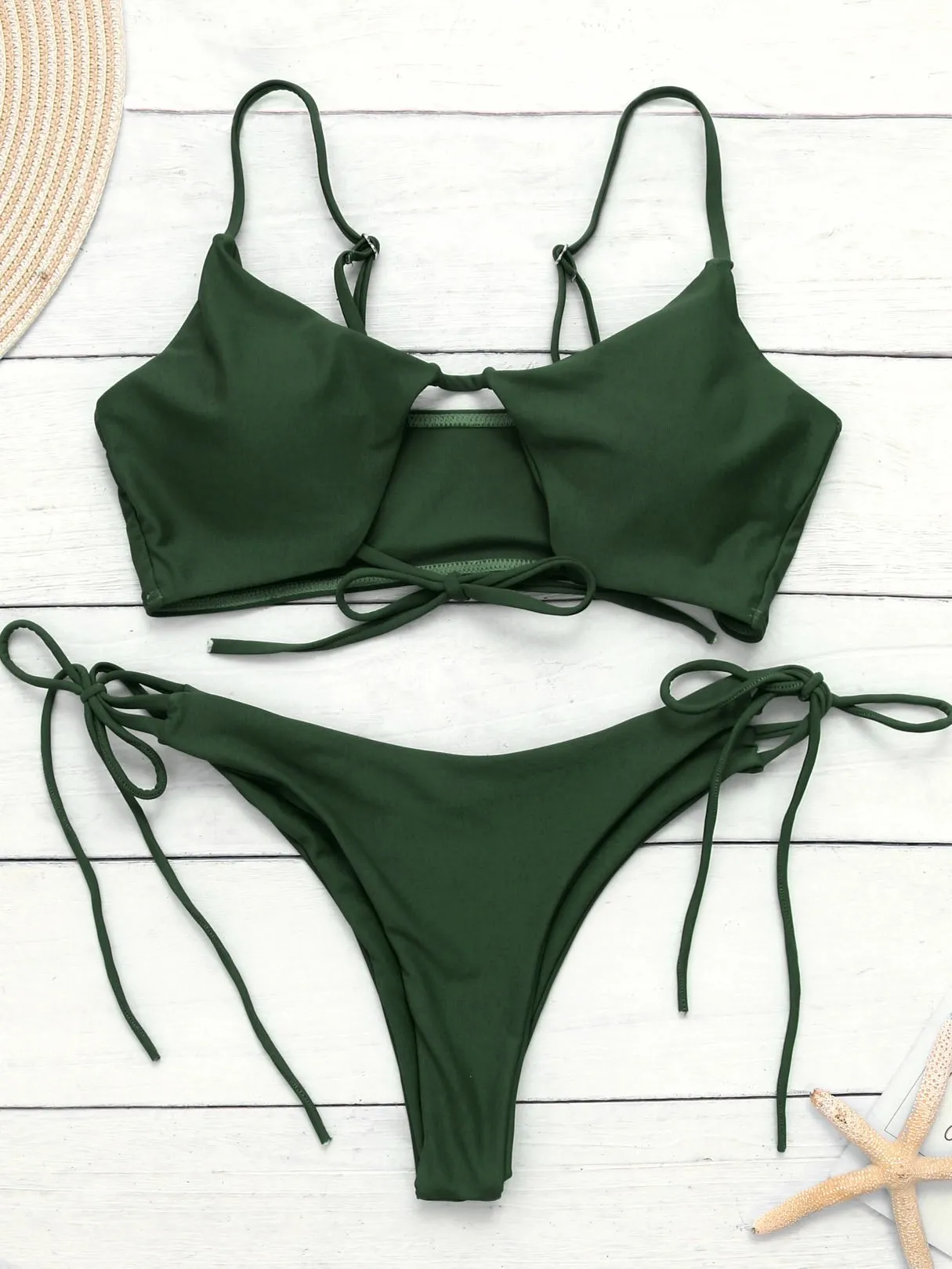 Wholesale Scoop Neck Sleeveless Plain Cut Out Tie-Up Bikini Suit