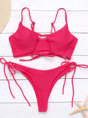 Wholesale Scoop Neck Sleeveless Plain Cut Out Tie-Up Bikini Suit