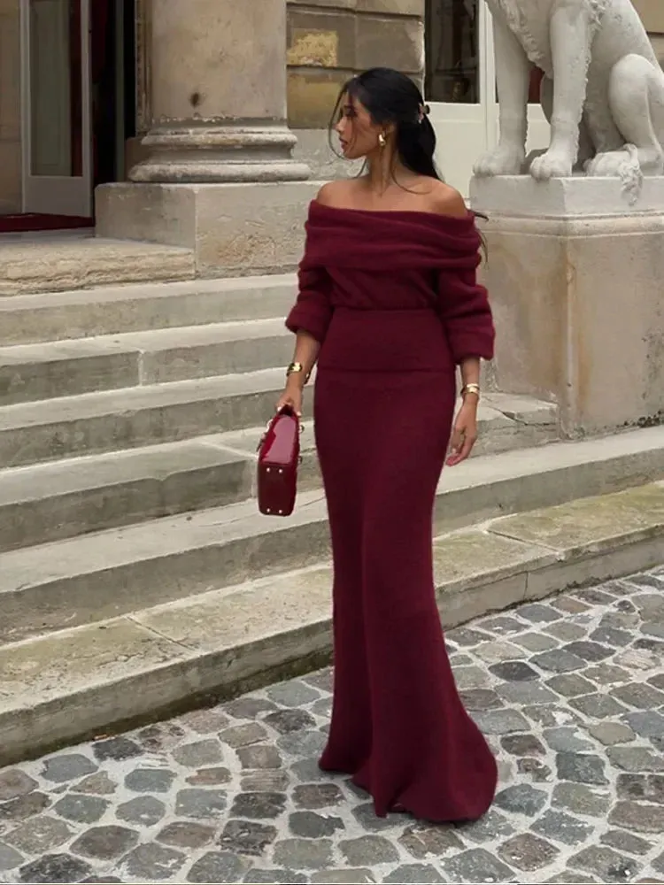Wjczt Red Wine Off Shoulder Knitted Maxi Dresses For Women Elegant Long Sleeve Pleated Slim Mermaid Dress Elegant Night Party Robes