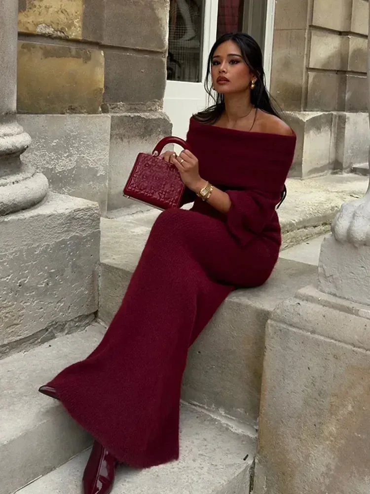 Wjczt Red Wine Off Shoulder Knitted Maxi Dresses For Women Elegant Long Sleeve Pleated Slim Mermaid Dress Elegant Night Party Robes