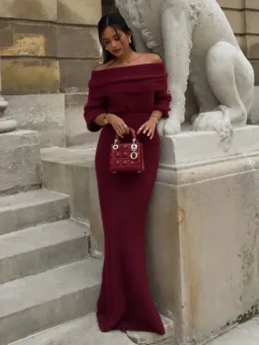 Wjczt Red Wine Off Shoulder Knitted Maxi Dresses For Women Elegant Long Sleeve Pleated Slim Mermaid Dress Elegant Night Party Robes