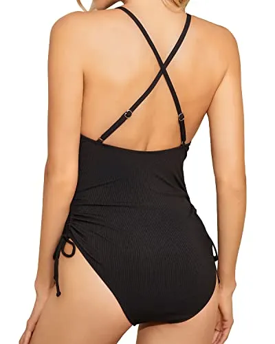 Women Sexy One Piece Swimsuit Plunge V Neck Lace Up Swimwear-Black