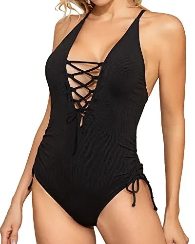 Women Sexy One Piece Swimsuit Plunge V Neck Lace Up Swimwear-Black