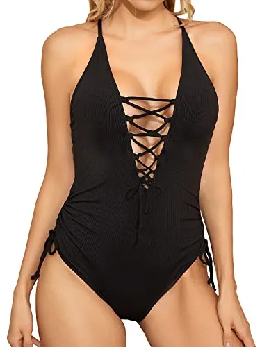 Women Sexy One Piece Swimsuit Plunge V Neck Lace Up Swimwear-Black