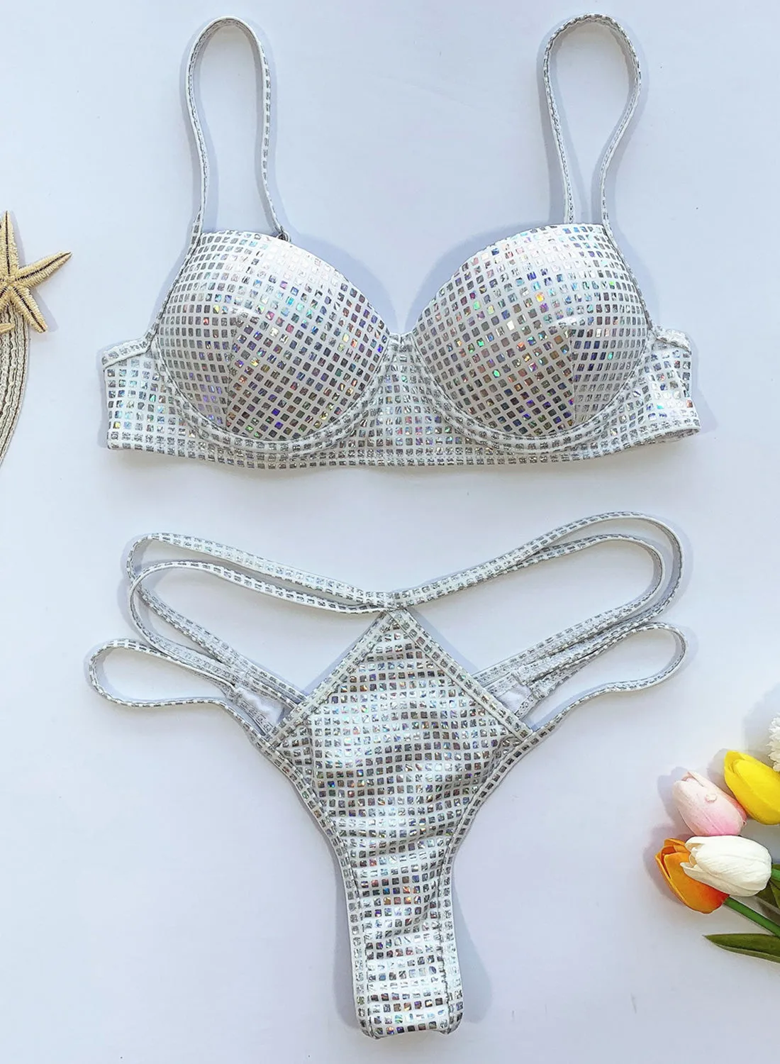 Women's Bikinis Solid Strappy Push-up Cut-out Rhinestones Bikinis