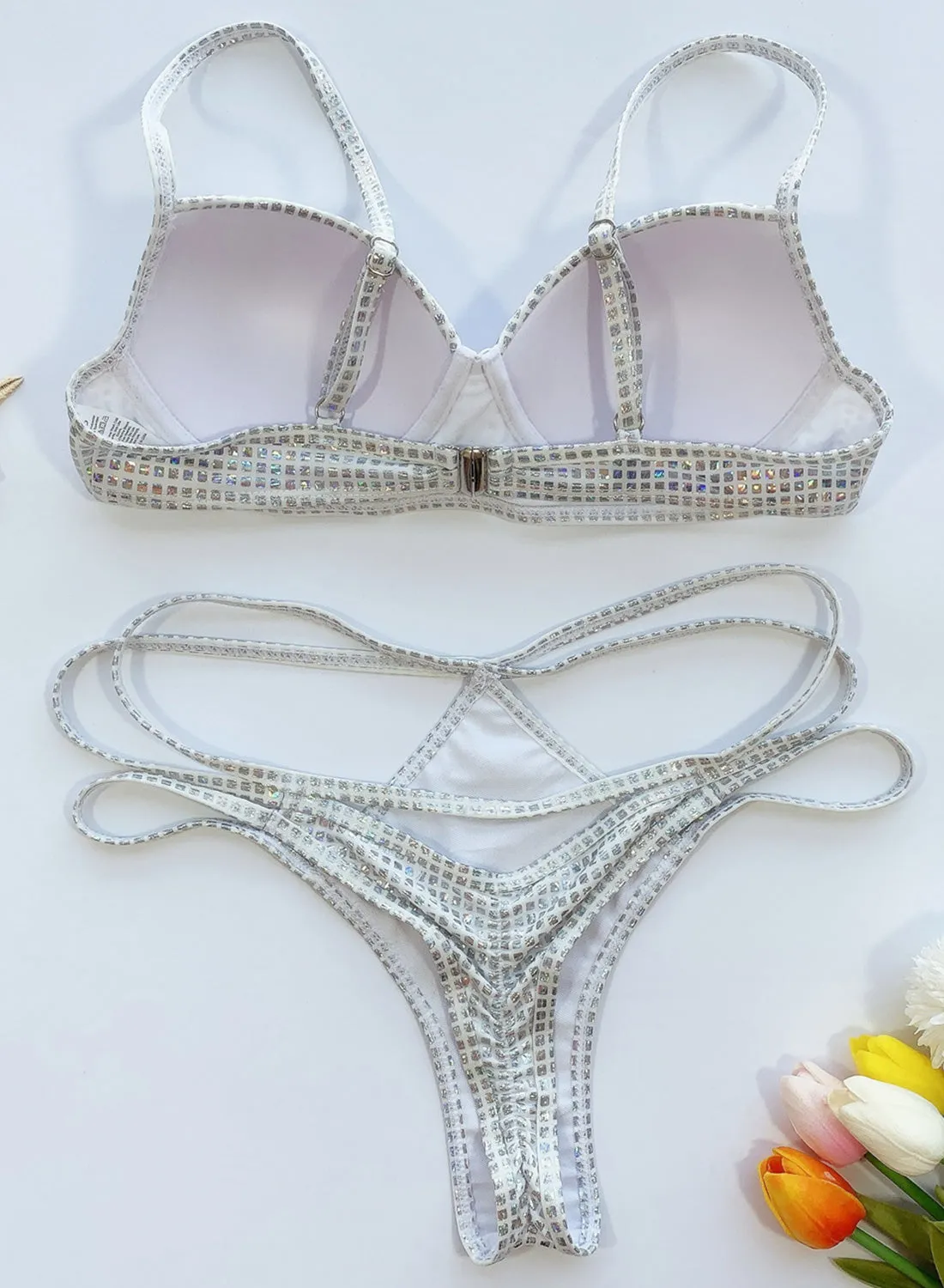 Women's Bikinis Solid Strappy Push-up Cut-out Rhinestones Bikinis