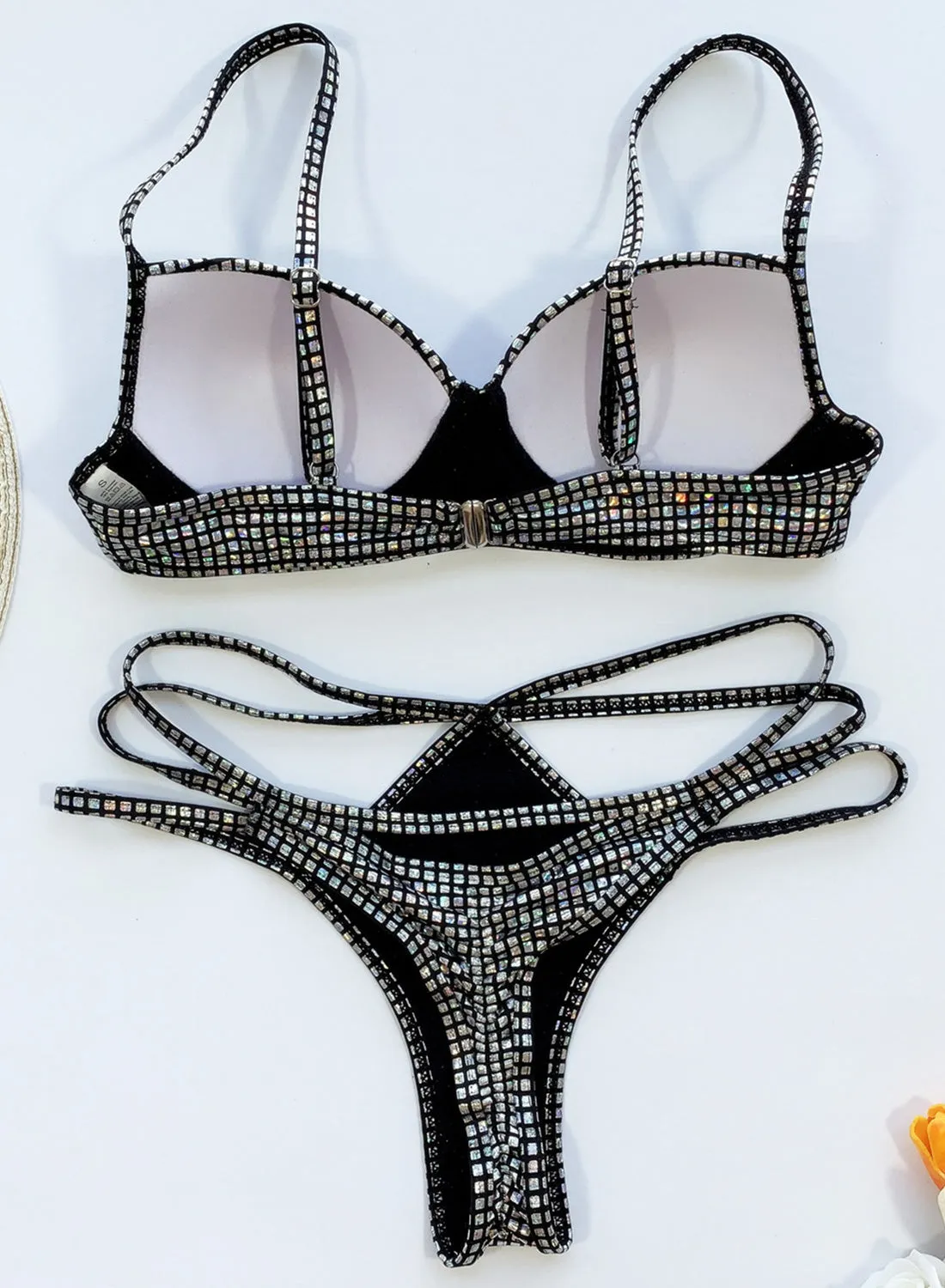 Women's Bikinis Solid Strappy Push-up Cut-out Rhinestones Bikinis