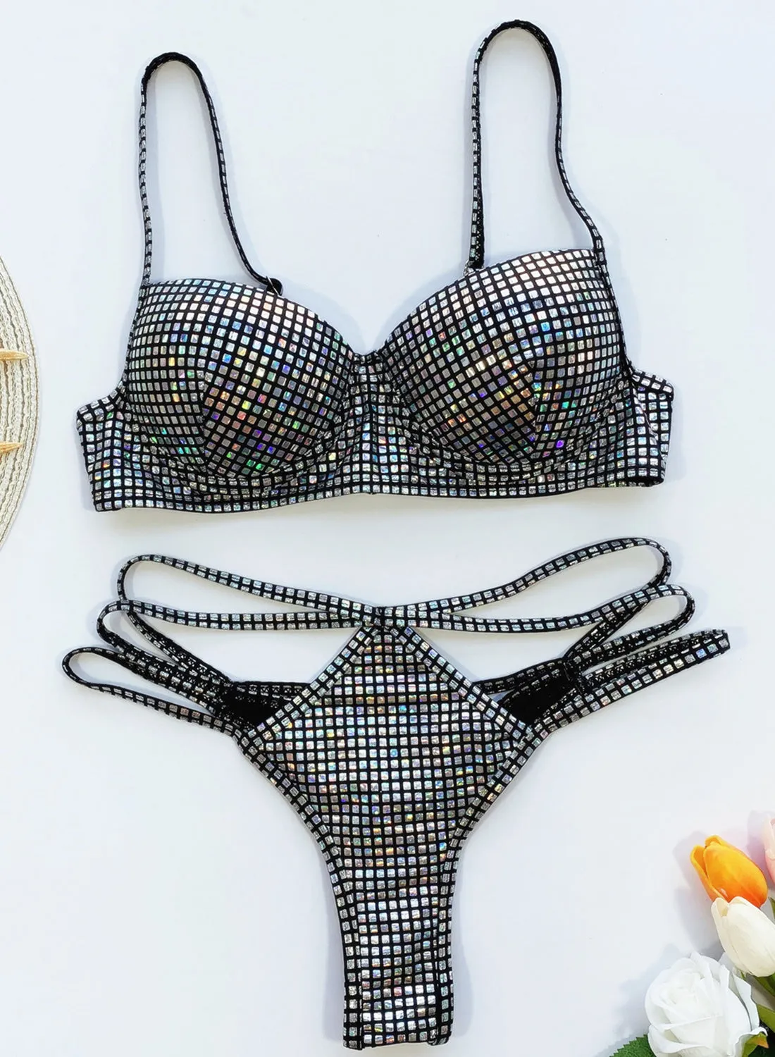 Women's Bikinis Solid Strappy Push-up Cut-out Rhinestones Bikinis