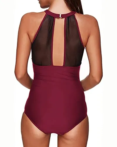 Women's High Neck Mesh Bathing Suit With Tummy Control Swimwear-Maroon