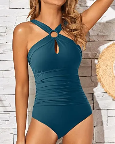 Women's High Neck Tummy Control Swimsuit Two Piece Vintage Swimwear