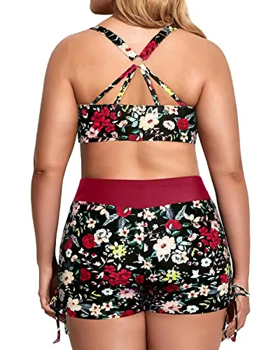 Women's Plus Size Tummy Control 3 Piece Tankini Swimsuits Stylish Bathing Suits
