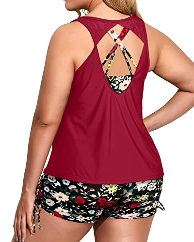 Women's Plus Size Tummy Control 3 Piece Tankini Swimsuits Stylish Bathing Suits
