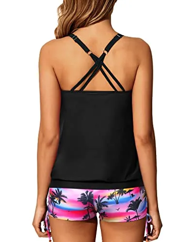 Women's Slimming Tummy Control Blouson Tankini Swimsuits Criss Cross Back-Black Palm Tree