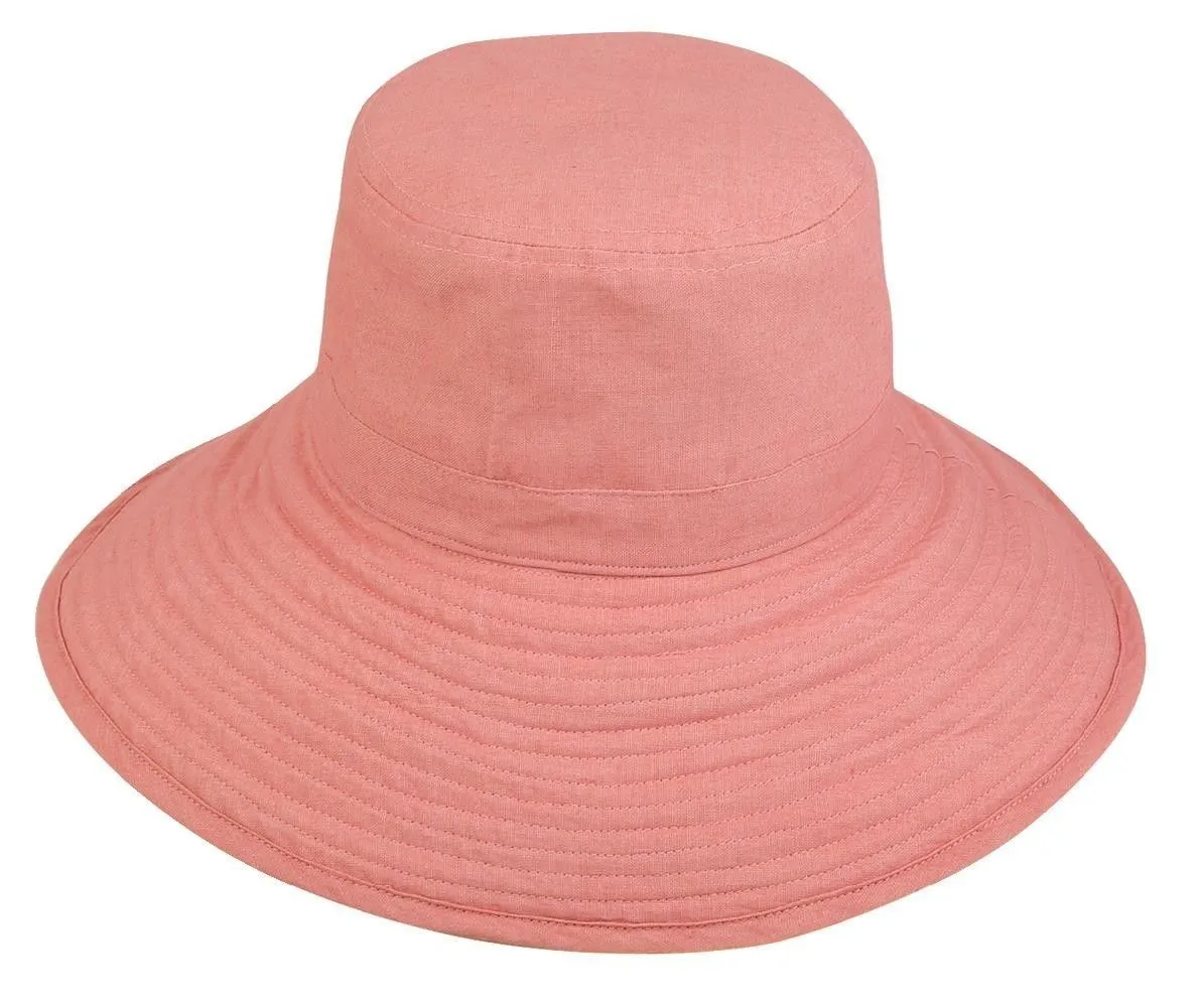 Womens Summer Sun Bucket Hats Caps Ramie Cotton Ribbon Ties Sand Salmon