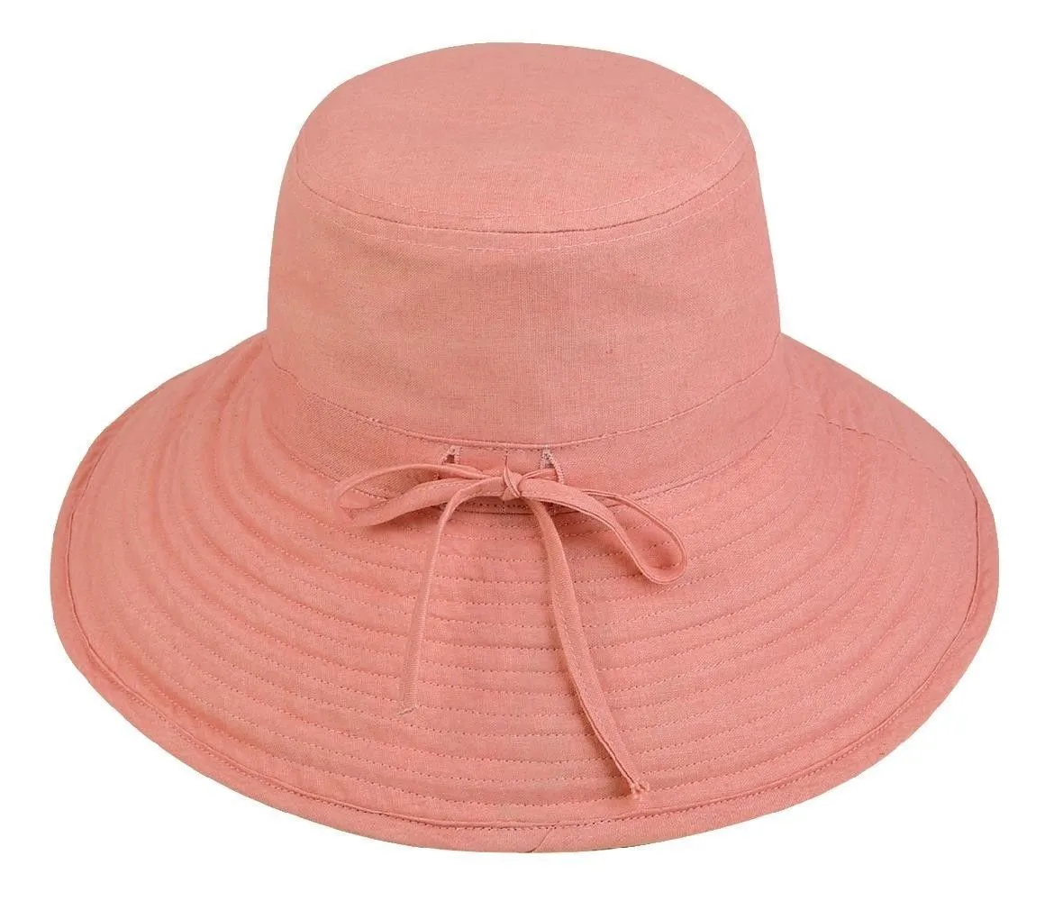 Womens Summer Sun Bucket Hats Caps Ramie Cotton Ribbon Ties Sand Salmon