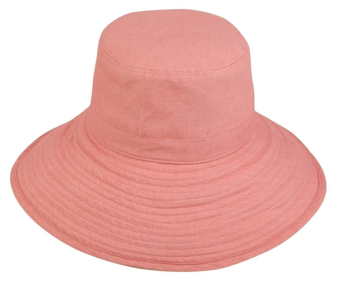 Womens Summer Sun Caps Bucket Hats Ramie Cotton Ribbon Ties Sand Salmon