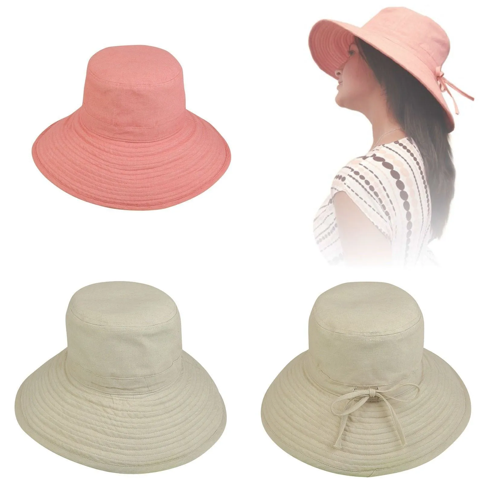 Womens Summer Sun Caps Bucket Hats Ramie Cotton Ribbon Ties Sand Salmon