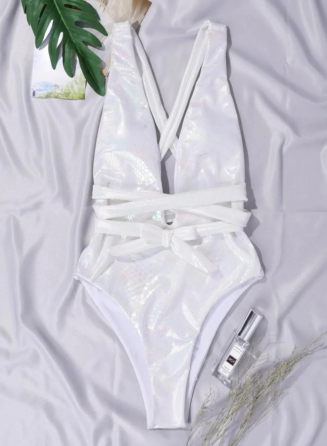 Women's Swimsuits Backless Cross Tied Plunge 1 Piece Swimsuit