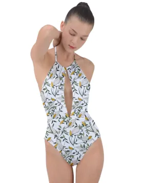 Yellow Flower White Plunge Cut Halter Swimsuit