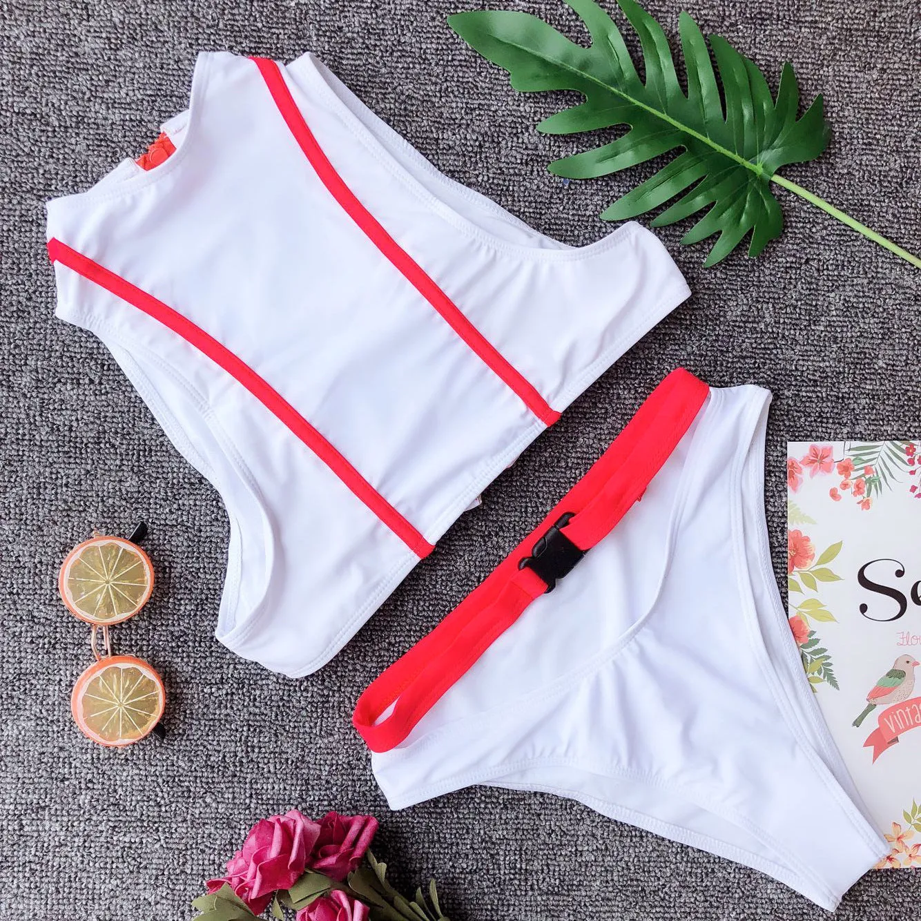 Zipper O Neck Buckle Thong Bottom Bikinis
