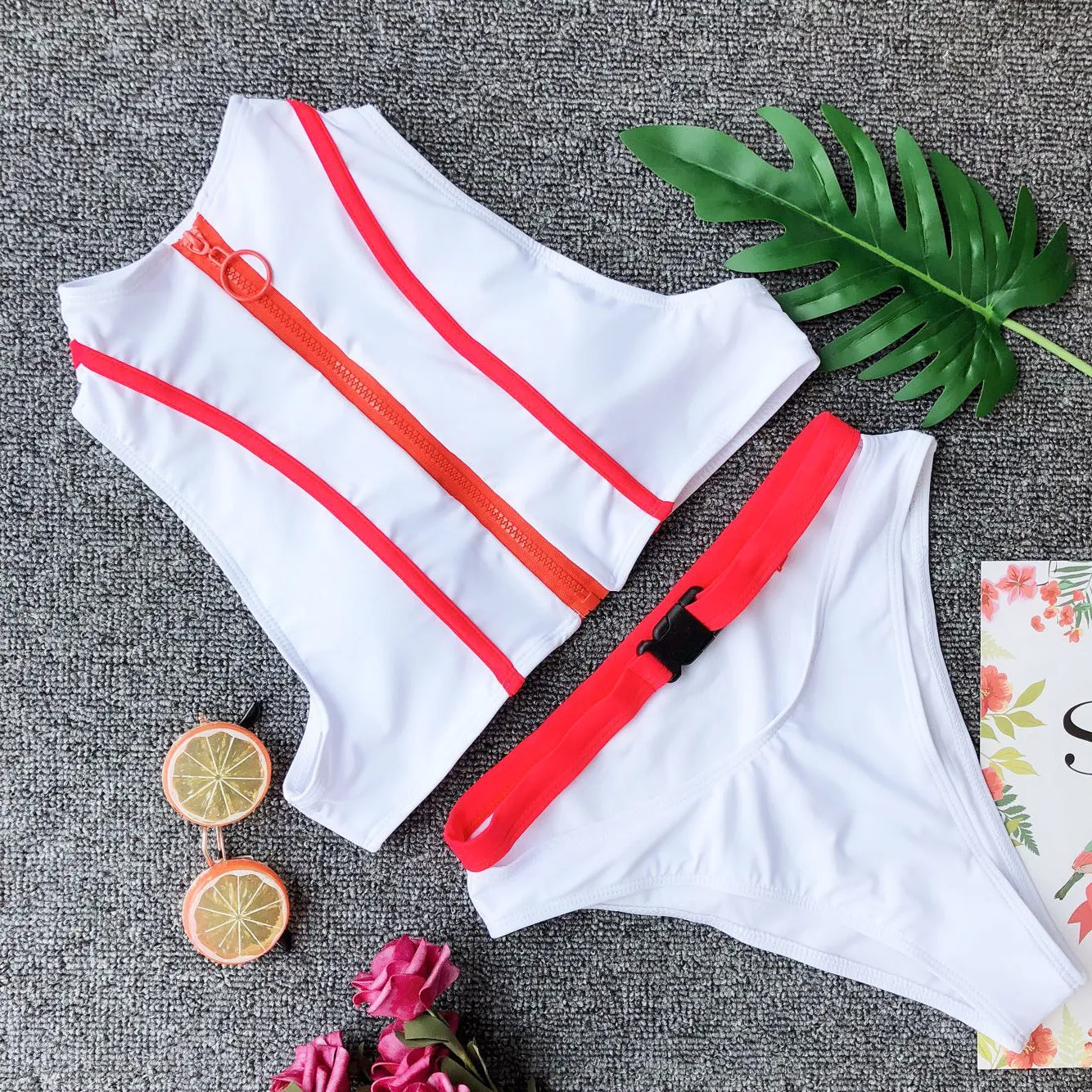 Zipper O Neck Buckle Thong Bottom Bikinis