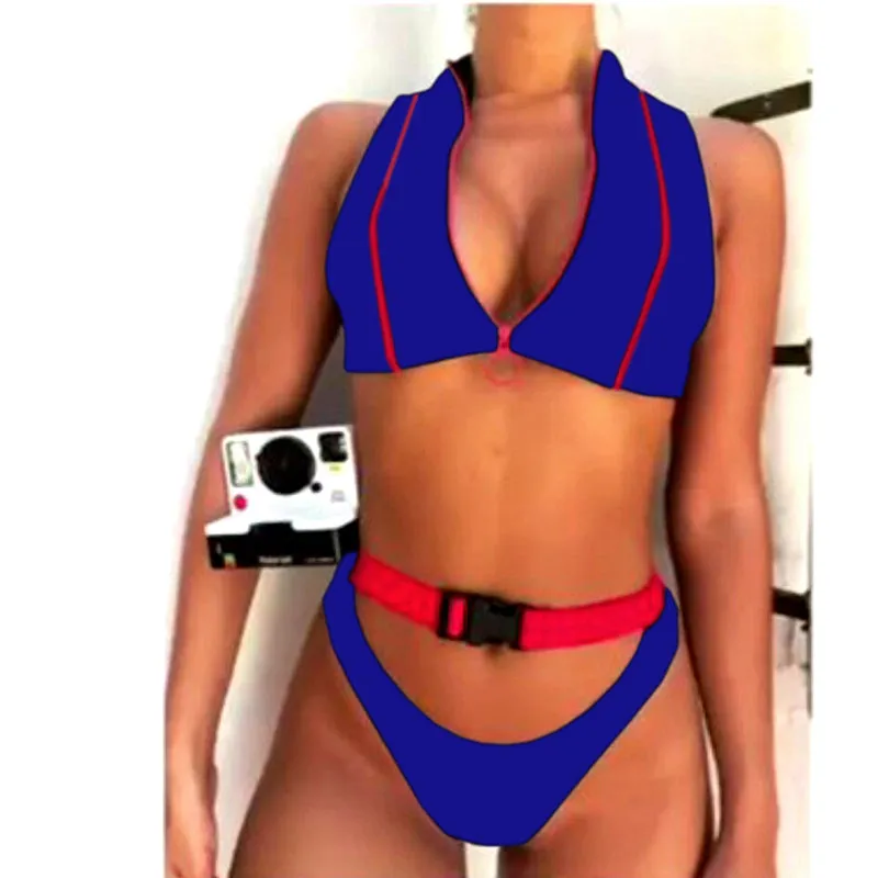 Zipper O Neck Buckle Thong Bottom Bikinis