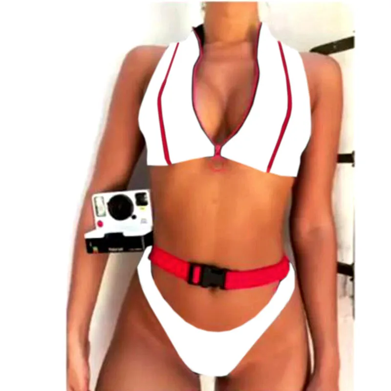 Zipper O Neck Buckle Thong Bottom Bikinis