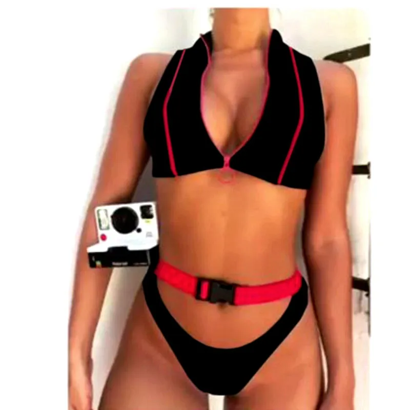 Zipper O Neck Buckle Thong Bottom Bikinis